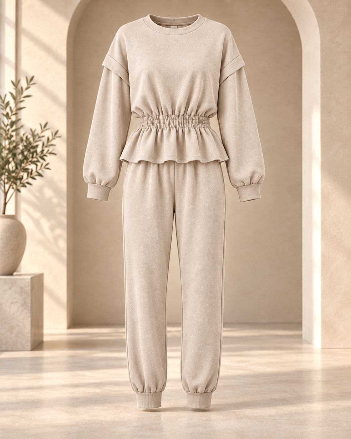Ensemble jogging femme sweat péplum taille froncée et jogger – Beige – SHELLA