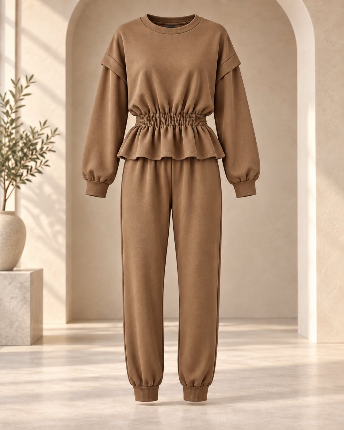 Ensemble jogging femme sweat péplum taille froncée et jogger – Marron – SHELLA