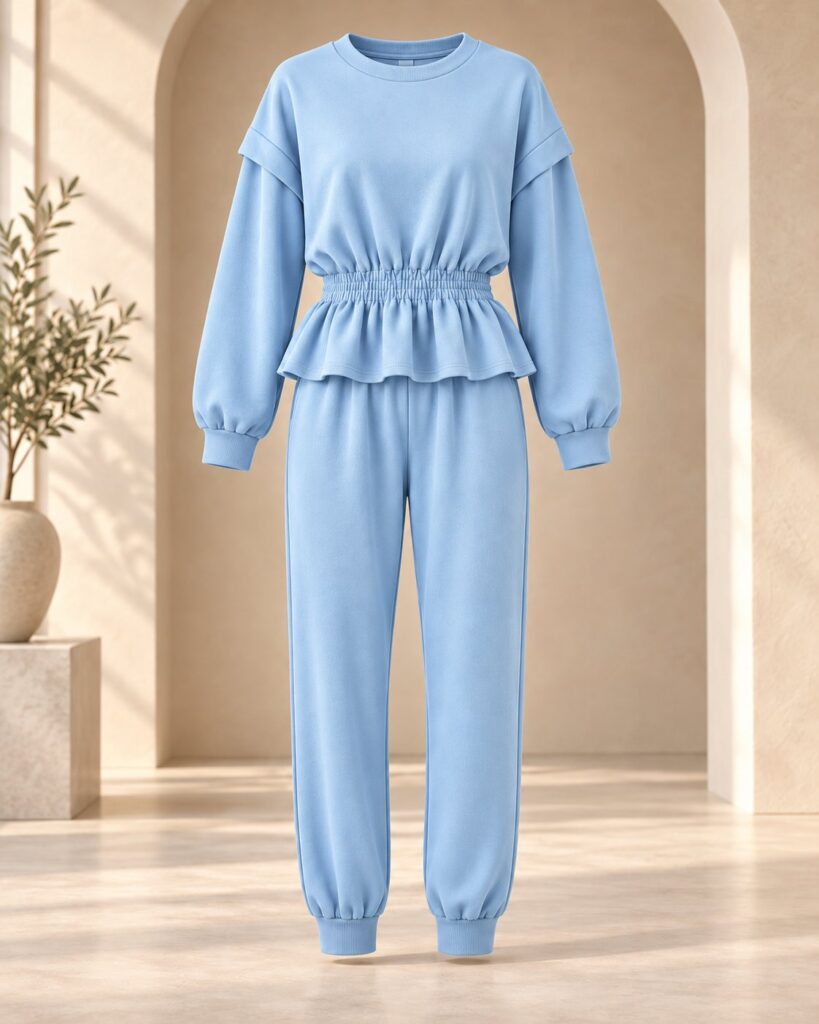 Ensemble jogging femme sweat péplum taille froncée et jogger – Bleu ciel – SHELLA