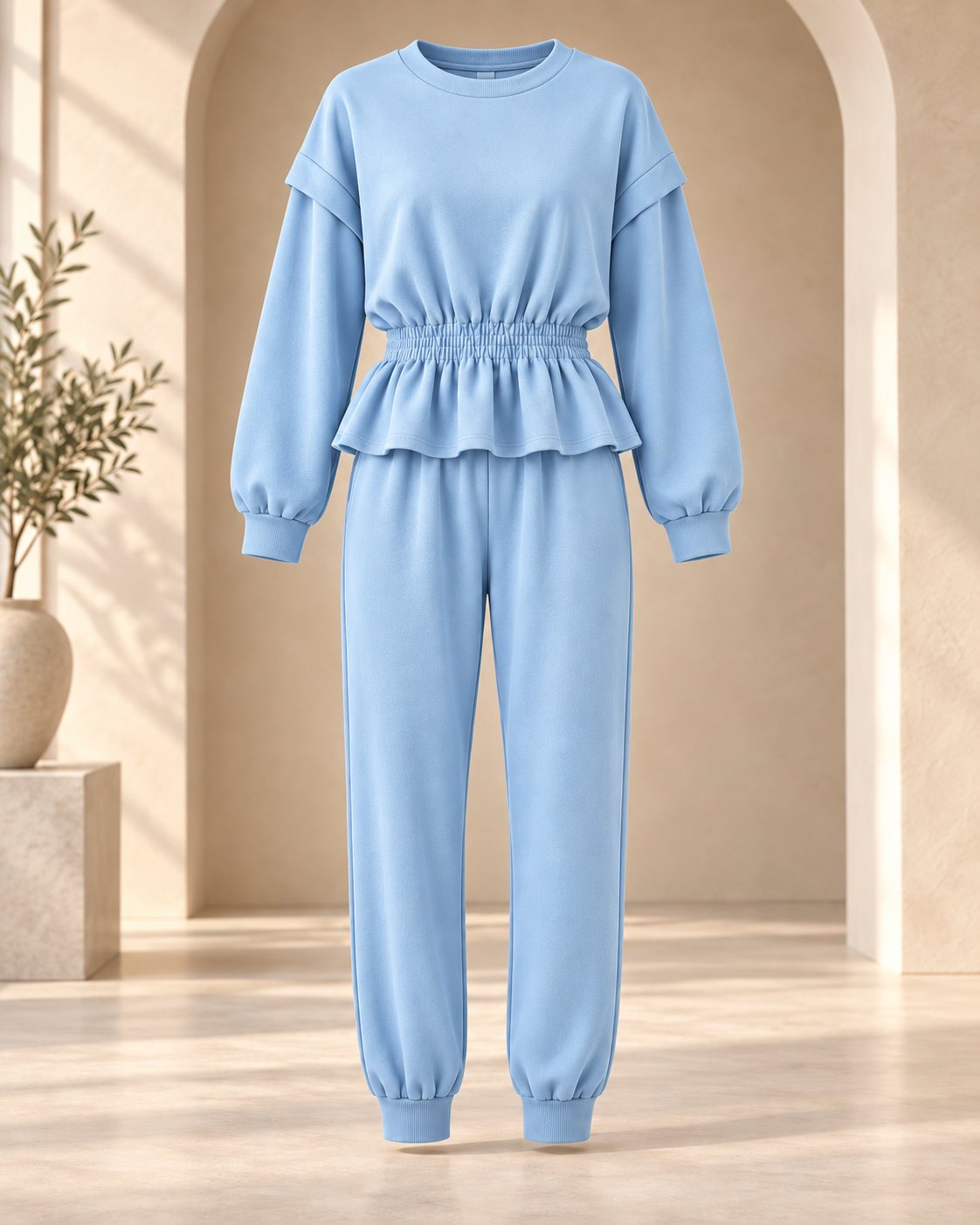 Ensemble jogging femme sweat péplum taille froncée et jogger – Bleu ciel – SHELLA