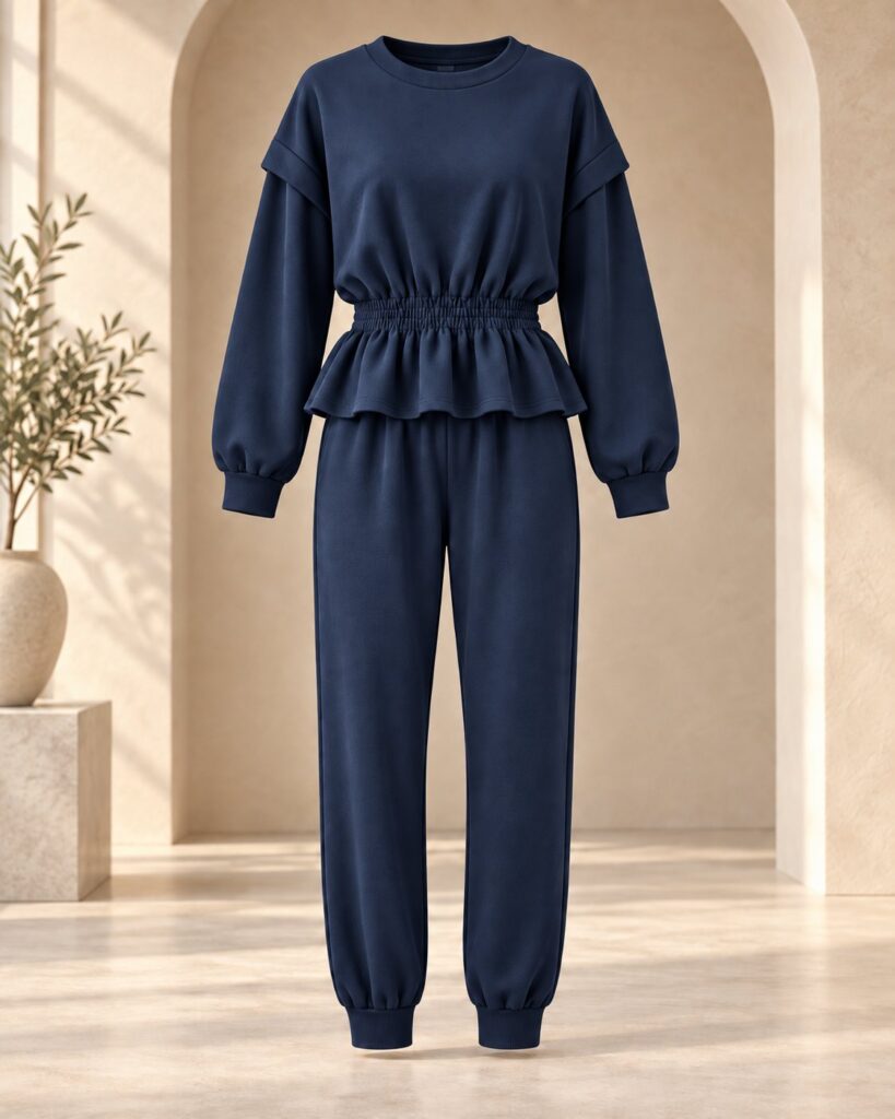 Ensemble jogging femme sweat péplum taille froncée et jogger – Bleu marine – SHELLA
