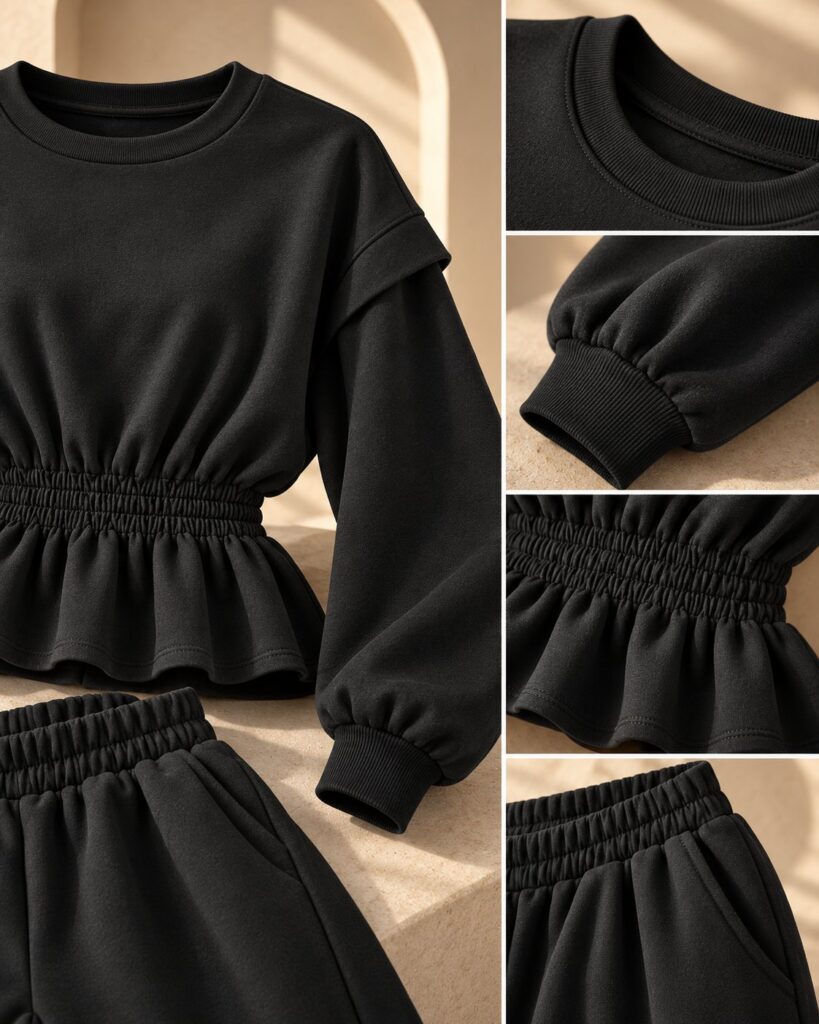 Ensemble jogging femme sweat péplum taille froncée et jogger – Noir, détails – SHELLA