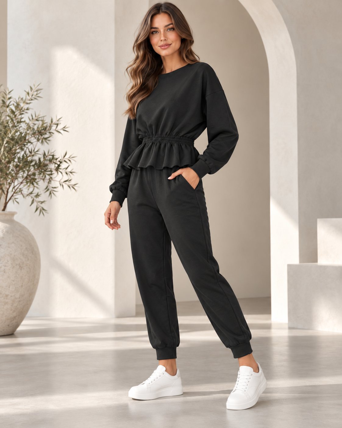 Ensemble jogging femme sweat péplum taille froncée et jogger – Noir – SHELLA