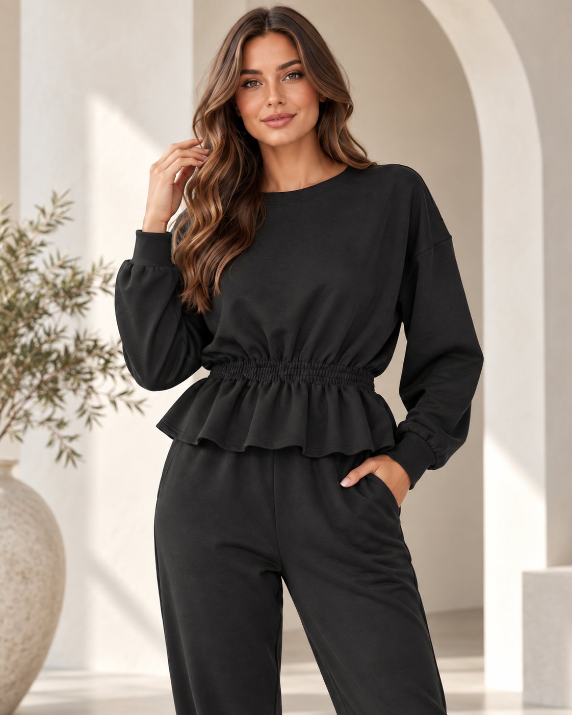 Ensemble jogging femme sweat péplum taille froncée et jogger – Noir – SHELLA