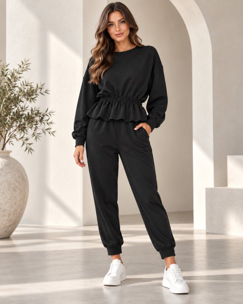 Ensemble jogging femme sweat péplum taille froncée et jogger – Noir – SHELLA