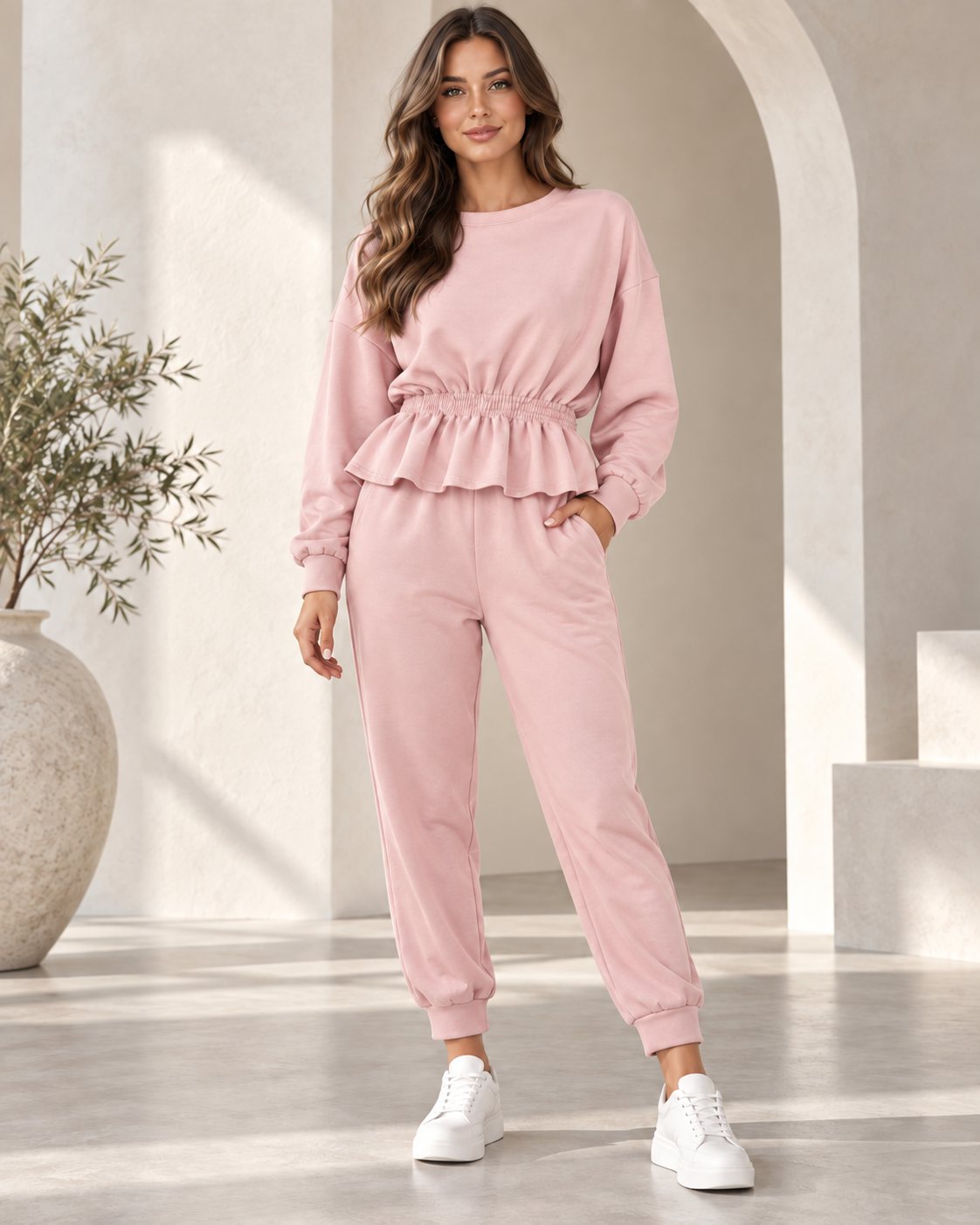 Ensemble jogging femme sweat péplum taille froncée et jogger – Rose poudré – SHELLA