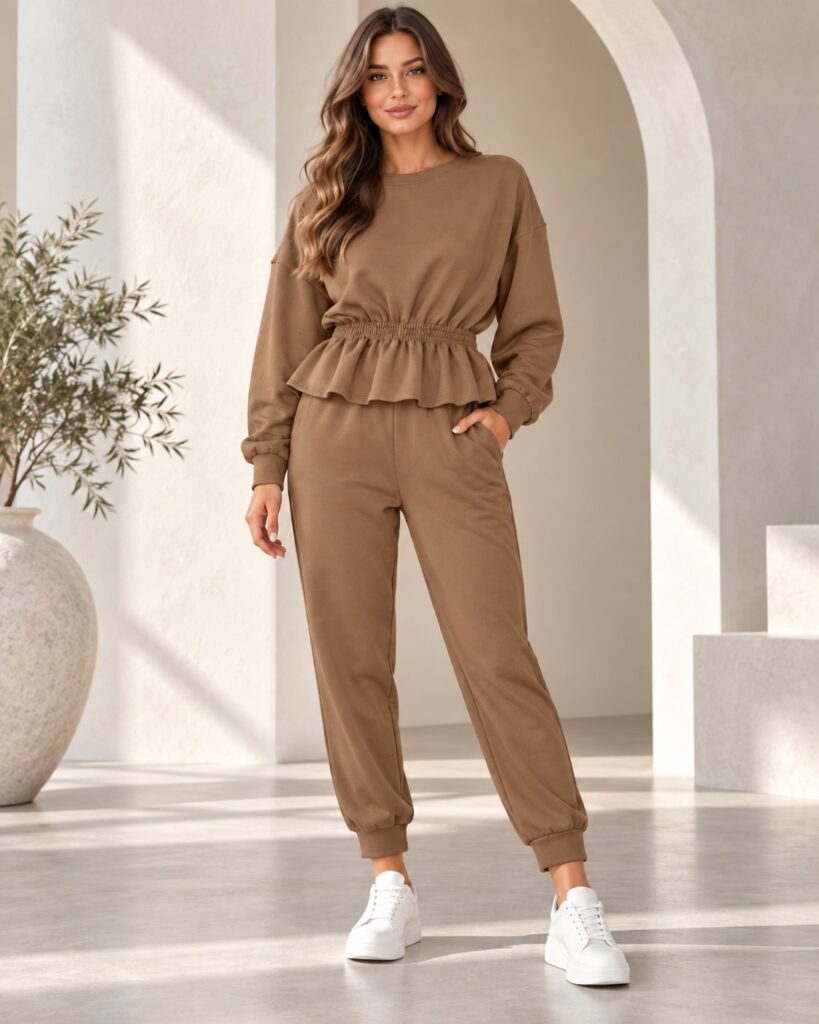 Ensemble jogging femme sweat péplum taille froncée et jogger – Marron – SHELLA